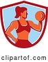 Vector Clip Art of Retro Muscular Fit Lady Working out with a Dumbbell and Doing Bicep Curls in a Red White and Blue Shield by Patrimonio