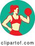 Vector Clip Art of Retro Muscular Fit Lady Working out with a Dumbbell and Doing Bicep Curls in a Turquoise Circle by Patrimonio