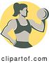 Vector Clip Art of Retro Muscular Fit Lady Working out with a Dumbbell and Doing Bicep Curls in a Yellow Circle by Patrimonio