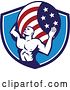 Vector Clip Art of Retro Muscular Guy, Atlas, Carrying an American Flag Globe on His Back in a Blue and White Shield by Patrimonio