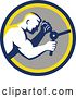 Vector Clip Art of Retro Muscular Guy Opening a Safe in a Blue Yellow and Gray Circle by Patrimonio