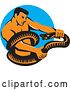 Vector Clip Art of Retro Muscular Guy Wrestling a Boa Constrictor Snake over a Blue Circle by Patrimonio