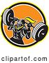Vector Clip Art of Retro Muscular Knight Doing Squats and Working out with a Barbell in a Yellow Black White and Orange Circle by Patrimonio