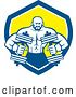Vector Clip Art of Retro Muscular Male Bodybuilder with Dumbbells in a Blue White and Yellow Shield by Patrimonio