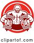 Vector Clip Art of Retro Muscular Male Bodybuilder with Dumbbells in a Red and White Circle by Patrimonio