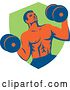 Vector Clip Art of Retro Muscular Male Crossfit Bodybuilder with Dumbbells Emerging from a Green Shield by Patrimonio