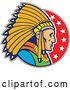 Vector Clip Art of Retro Native American Indian Chief Guy in Profile over a Circle of Stars by Patrimonio
