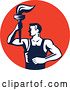 Vector Clip Art of Retro Navy Blue and White Woodcut Revolution Male Worker Holding a Torch in a Red Circle by Patrimonio