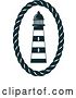 Vector Clip Art of Retro Navy Blue Lighthouse in a Rope Oval by Vector Tradition SM