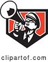 Vector Clip Art of Retro Nerdy Guy Shouting Upwards with a Megaphone in a Black White and Red Shield by Patrimonio
