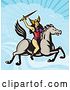 Vector Clip Art of Retro Norse Valkyrie Warrior with a Spear on Horseback Against a Sky by Patrimonio
