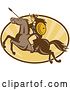 Vector Clip Art of Retro Norse Valkyrie Warrior with a Spear on Horseback over an Oval of Rays 3 by Patrimonio