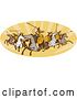 Vector Clip Art of Retro Norse Valkyrie Warriors with Spears on Horseback in an Oval of Rays by Patrimonio
