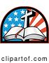 Vector Clip Art of Retro Open Holy Bible with a Cross over an American Flag Arch by Patrimonio