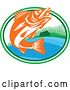 Vector Clip Art of Retro Orange and White Walleye Fish Jumping in an Oval with a Lake Front Cabin by Patrimonio