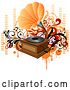 Vector Clip Art of Retro Orange and Wooden Phonograph Playing Music, with Orange and Red Vines, Circles and Equalizer Bars by OnFocusMedia