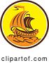 Vector Clip Art of Retro Orange Galleon Tall Ship in a Brown White and Yellow Circle by Patrimonio