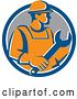 Vector Clip Art of Retro Orange Male Construction Worker Holding a Giant Wrench in a Blue White and Gray Circle by Patrimonio