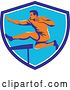 Vector Clip Art of Retro Orange Male Track and Field Athlete Running and Leaping Hurdles in a Blue and White Shield by Patrimonio