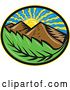 Vector Clip Art of Retro Oval of the Sun Mountains and Leaf by Patrimonio