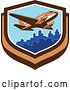 Vector Clip Art of Retro Passenger DC10 Airplane Flying over a City in a Shield by Patrimonio