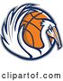 Vector Clip Art of Retro Pelican Bird Holding a Basketball in a Gray Blue and Orange Circle by Patrimonio