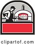 Vector Clip Art of Retro Pizza Chef Holding a Peel with a Pie in Front of a Wood Fired Oven in a Black Gray White and Red Crest by Patrimonio