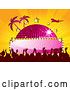 Vector Clip Art of Retro Plane Flying over a Pink Disco Ball with a Blank Sign, Stars, Palm Trees and a Crowd, on a Bursting Orange Background by Elaineitalia