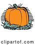 Vector Clip Art of Retro Plump and Round Orange Halloween or Thanksgiving Pumpkin on Top of a Pile of Green Leaves by Andy Nortnik
