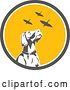 Vector Clip Art of Retro Pointer Hunting Dog Looking up at Flying Geese in a Gray White and Yellow Circle by Patrimonio
