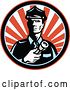 Vector Clip Art of Retro Police Guy or Security Guard Shining a Flashlight over a Circle of Red Rays by Patrimonio
