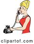 Vector Clip Art of Retro Pretty Blond Lady with Tall Hair, Wearing Pearls and a Red Dress and Talking on a Rotary Dial Landline Telephone by Andy Nortnik