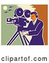 Vector Clip Art of Retro Professional Male Cameraman Working over a Green Yellow and Orange Sky by Patrimonio