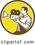 Vector Clip Art of Retro Profiled Camera Guy Filming in a Brown White and Yellow Circle by Patrimonio