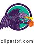 Vector Clip Art of Retro Purple Fire Breathing Dragon Flying with a Basketball and Emerging from a Circle by Patrimonio