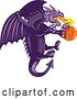 Vector Clip Art of Retro Purple Fire Breathing Dragon Flying with a Basketball by Patrimonio