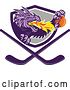 Vector Clip Art of Retro Purple Fire Breathing Dragon Holding a Ball and Emerging from a Shield over Crossed Hockey Sticks by Patrimonio