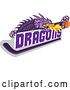 Vector Clip Art of Retro Purple Fire Breathing Dragon Holding a Ball over Text and Hockey Stick by Patrimonio
