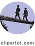 Vector Clip Art of Retro Purple Oval with Silhouetted Woodcut Men Crossing a Log by Patrimonio