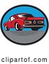 Vector Clip Art of Retro Rear View of a Woodcut Rear Muscle Car in an Oval by Patrimonio