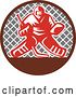 Vector Clip Art of Retro Red and White Ice Hockey Goalie over a Net in a Brown and Gray Circle by Patrimonio