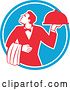 Vector Clip Art of Retro Red and White Male Waiter Holding a Cloche Platter and Looking up in a Blue Circle by Patrimonio