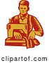 Vector Clip Art of Retro Red and Yellow Woodcut Male Tailor Operating a Sewing Machine by Patrimonio