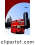 Vector Clip Art of Retro Red Double Decker Bus near City Buildings Under a Plane by
