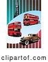 Vector Clip Art of Retro Red Double Decker Buses, Car and Big Ben on a Striped Background by