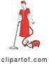 Vector Clip Art of Retro Red Haired Housewife or Maid Lady in a Long Red Dress and Heels, Using a Canister Vacuum to Clean the Floors by Andy Nortnik