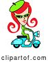 Vector Clip Art of Retro Red Haired Lady Dressed in Green, Riding a Blue Scooter by Andy Nortnik