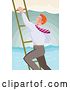 Vector Clip Art of Retro Red Haired White Business Man Climbing a Ladder over the Ocean by Patrimonio