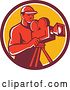 Vector Clip Art of Retro Red Male Cameraman in a Maroon White and Yellow Circle by Patrimonio