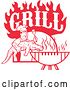 Vector Clip Art of Retro Red Male Chef Carrying and Alligator to a Football Shaped Bbq Under Grill Text Flames by Patrimonio